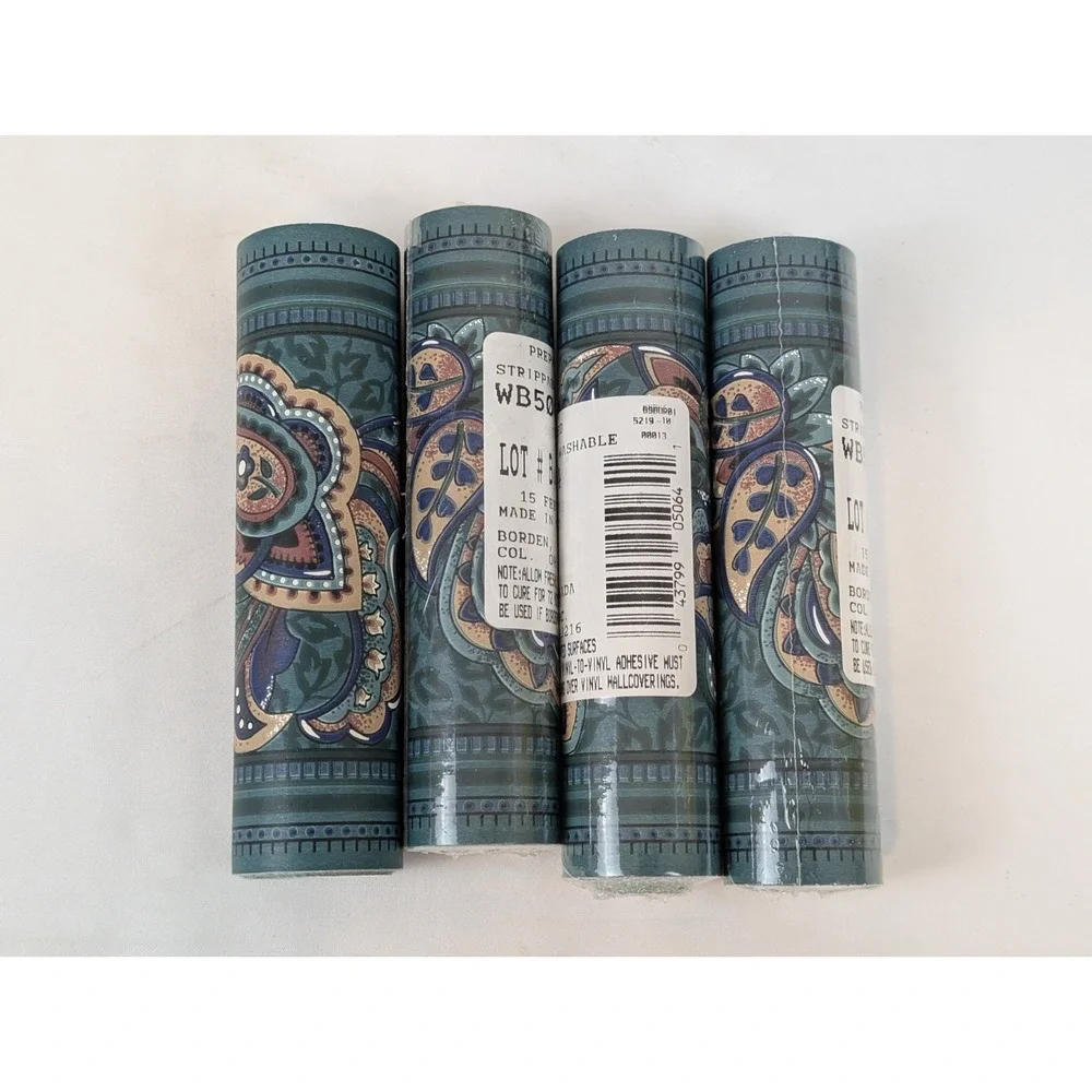 VTG 90s Green Paisley Wallpaper Border 4 Rolls Floral Vinyl Prepasted Scrubbable